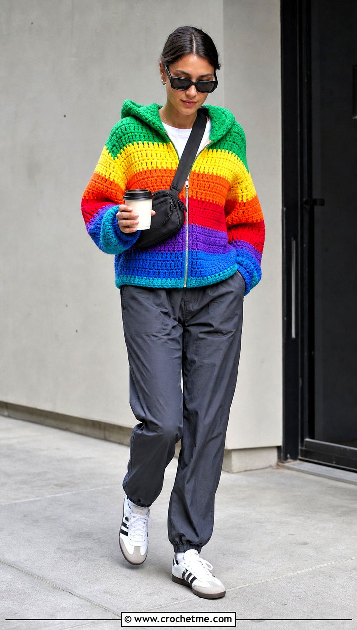 Rainbow Crochet Hoodie Sweater With Track Pants - 20 Rainbow Crochet Sweater outfit ideas