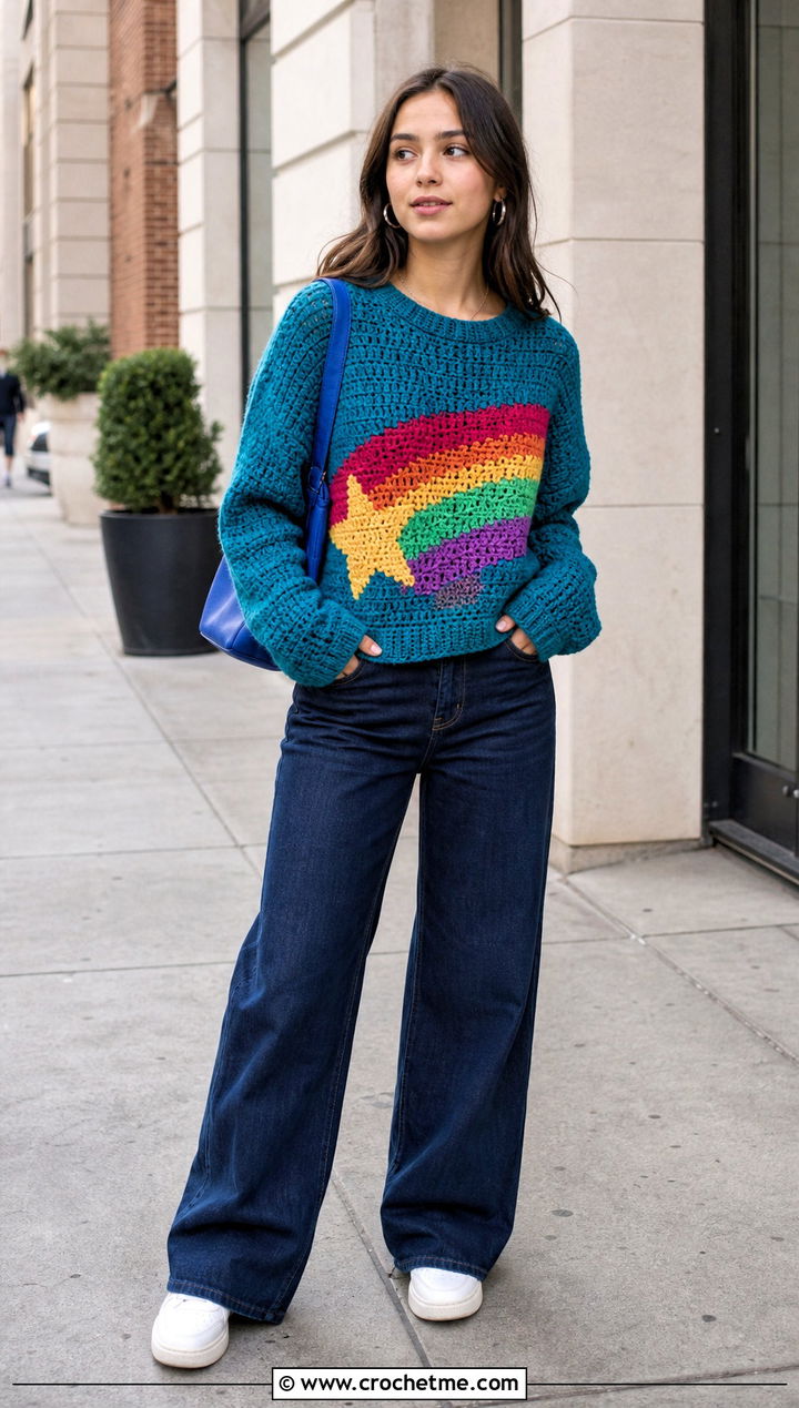 Rainbow Crochet Mabel Pines Sweater With Wide Leg Jeans - 30 crochet mabel pines sweater outfit ideas