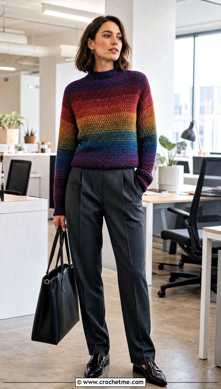 Rainbow Crochet Mock Neck Sweater With Suit Pants - 20 Rainbow Crochet Sweater outfit ideas