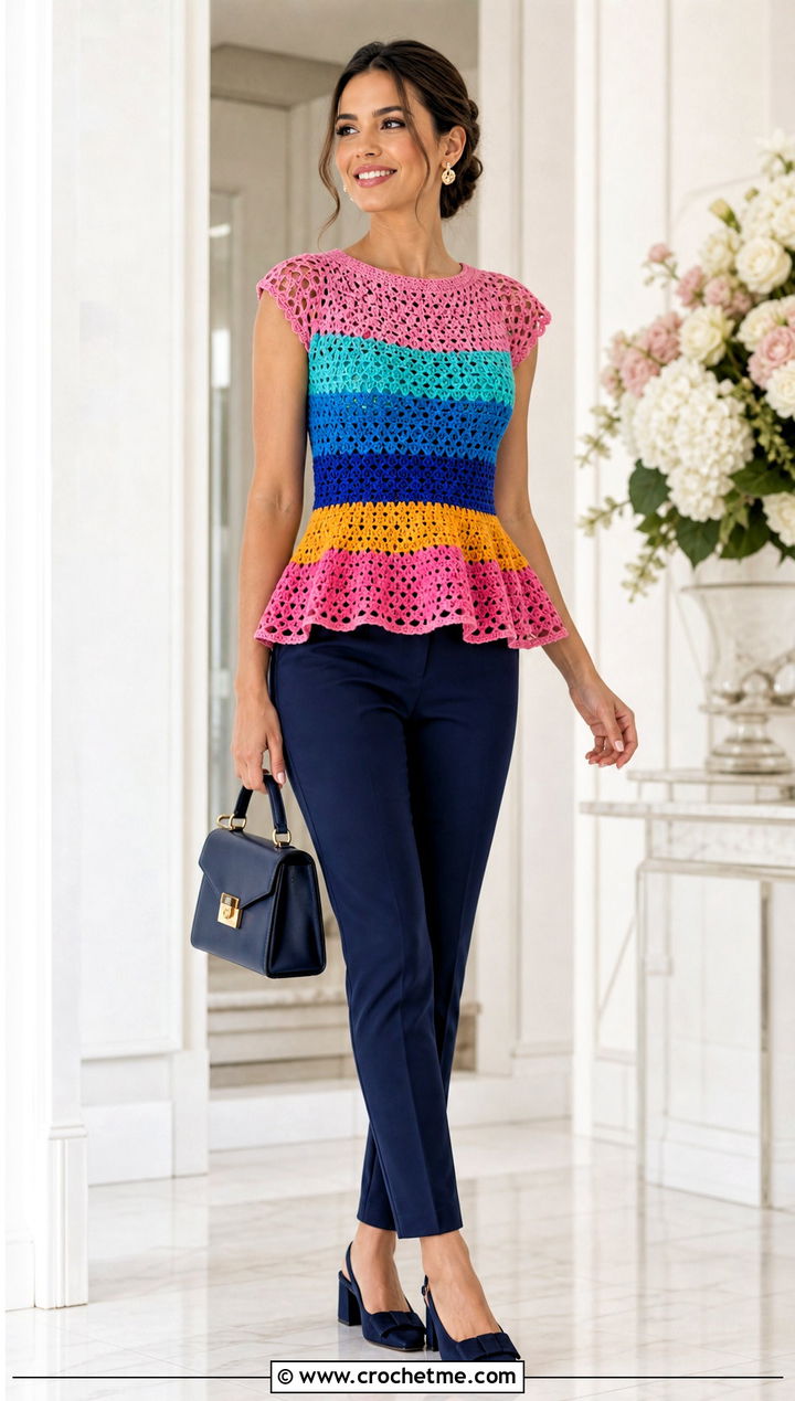 Rainbow Crochet Peplum Top With Cigarette Pants - 25 rainbow crochet top outfit ideas