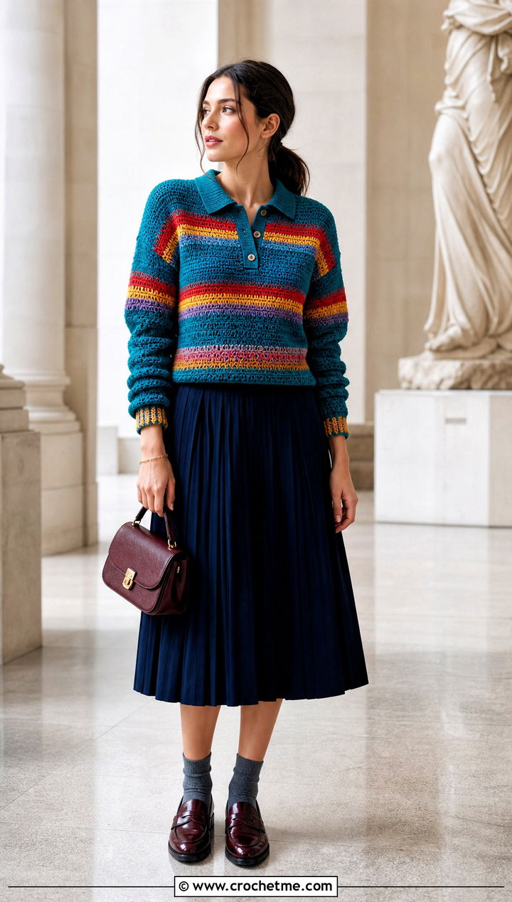 Rainbow Crochet Polo Sweater With Pleated Midi Skirt - 20 Rainbow Crochet Sweater outfit ideas