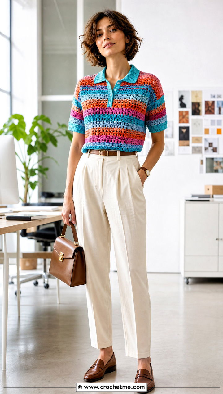 Rainbow Crochet Polo Top With Pleated Trousers - 15 rainbow crochet summer top outfit ideas