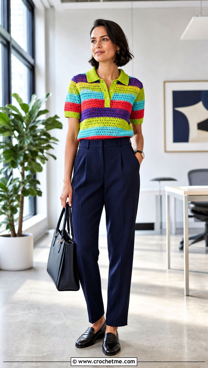 Rainbow Crochet Polo Top With Tailored Trousers - 25 rainbow crochet top outfit ideas