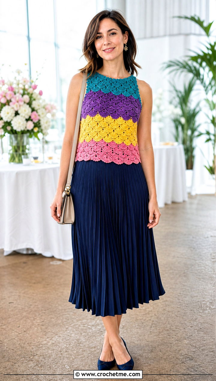 Rainbow Crochet Shell Top With Pleated Midi Skirt - 25 rainbow crochet top outfit ideas