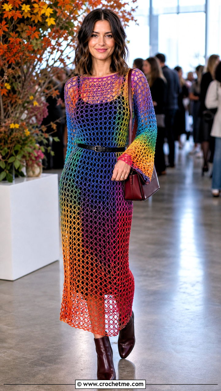 Rainbow Crochet Sweater Dress With Ankle Boots - 20 Rainbow Crochet Sweater outfit ideas