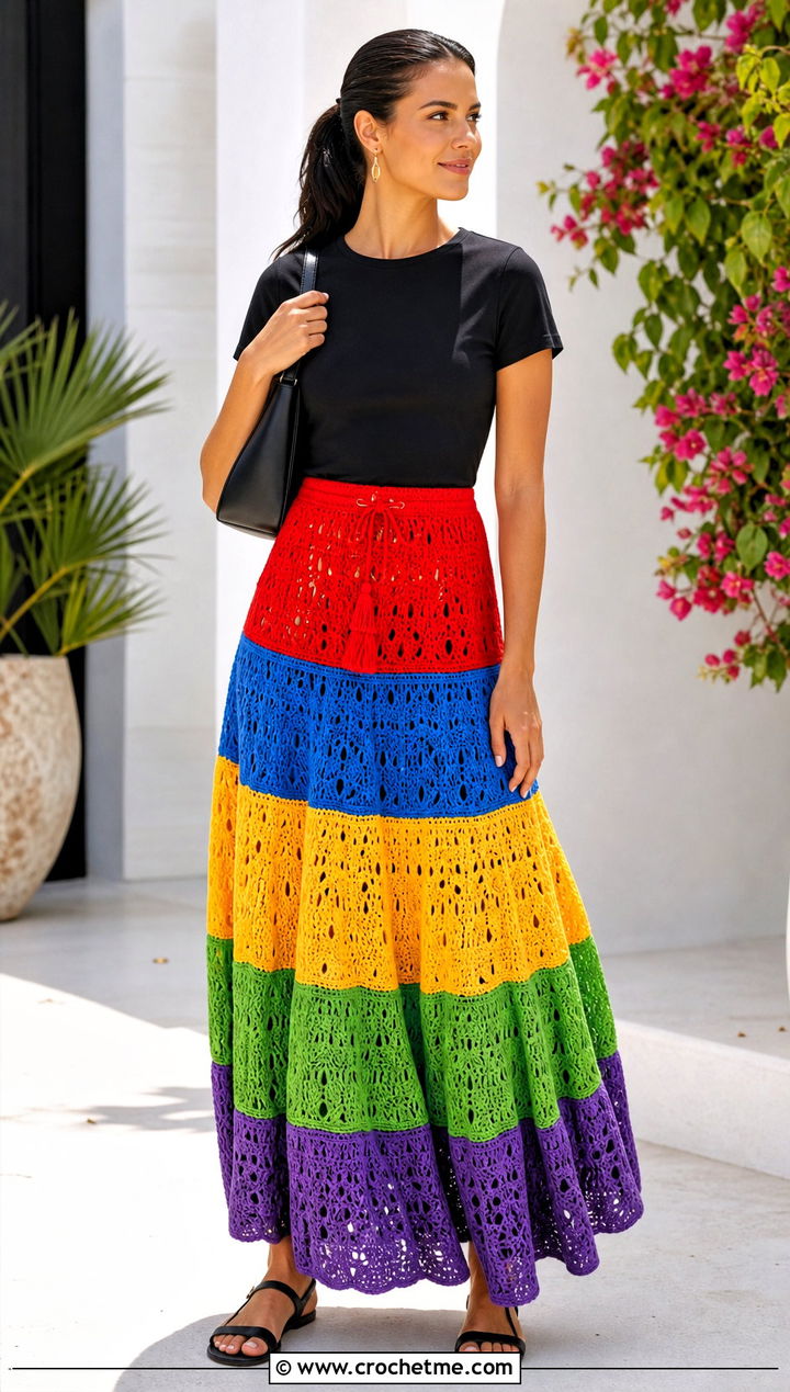Rainbow Crochet Tiered Maxi Skirt With Black T Shirt - 35 crochet tiered skirt outfit ideas