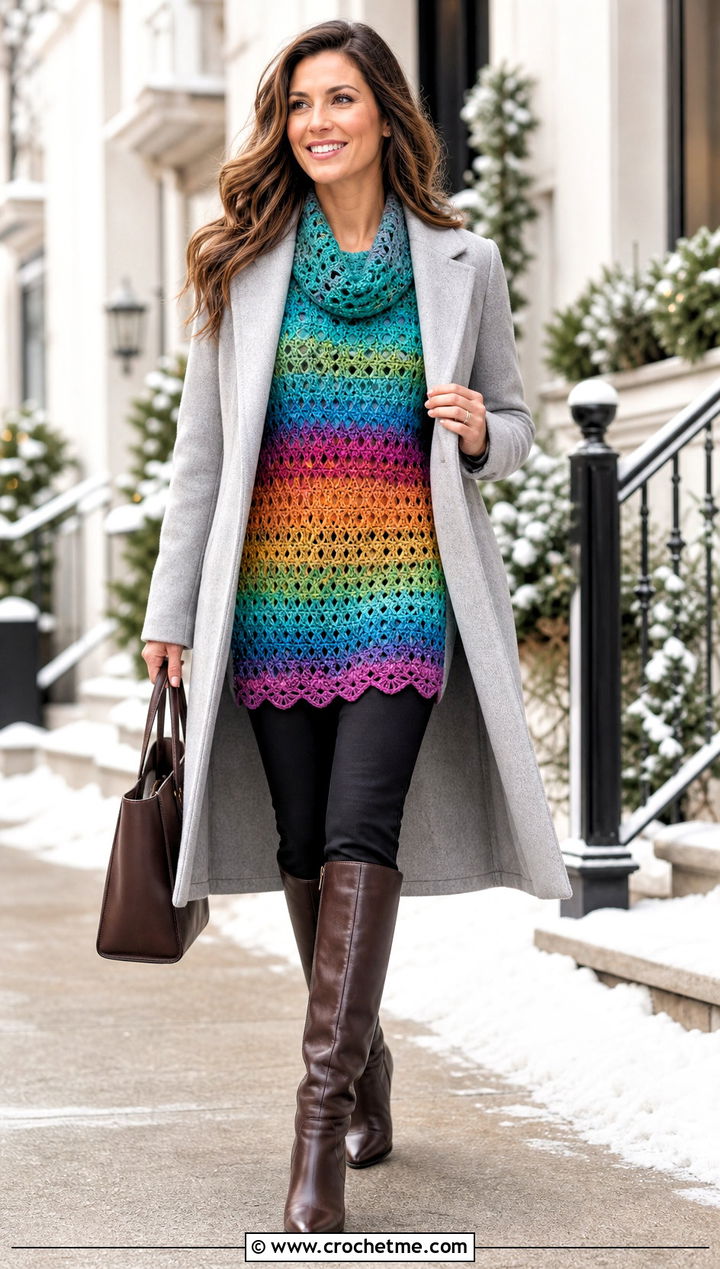 Rainbow Crochet Tunic Sweater With Knee High Boots - 20 Rainbow Crochet Sweater outfit ideas