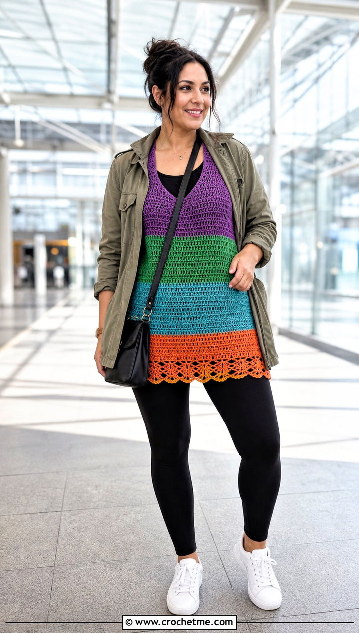 Rainbow Crochet Tunic Top With Leggings - 25 rainbow crochet top outfit ideas