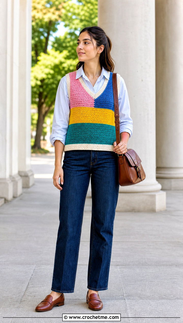 Rainbow Crochet Vest Top With Button Down Shirt - 25 rainbow crochet top outfit ideas