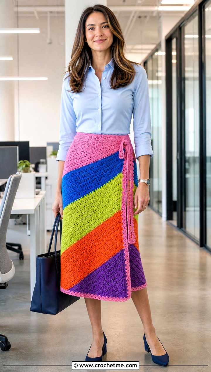 Rainbow Crochet Wrap Skirt With Button Down Shirt - 25 Rainbow Crochet Skirt outfit ideas