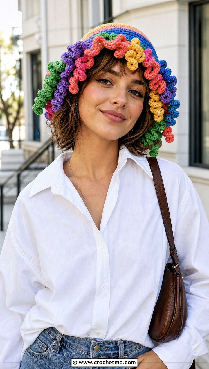 Rainbow Curly Cue Hat With White Shirt And Jeans - 25 Crochet Curly Cue Hat outfit ideas