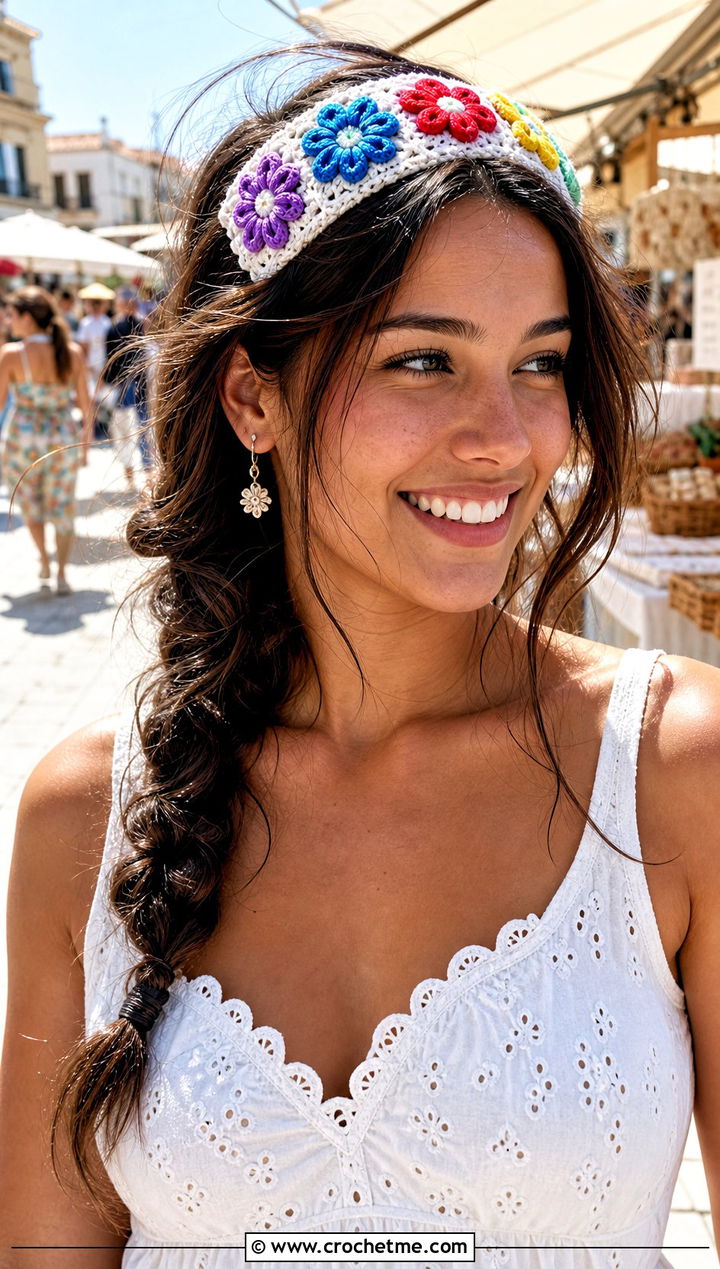 Rainbow Daisy Crochet Headband With White Summer Dress - 25 Crochet Daisy Headband outfit ideas