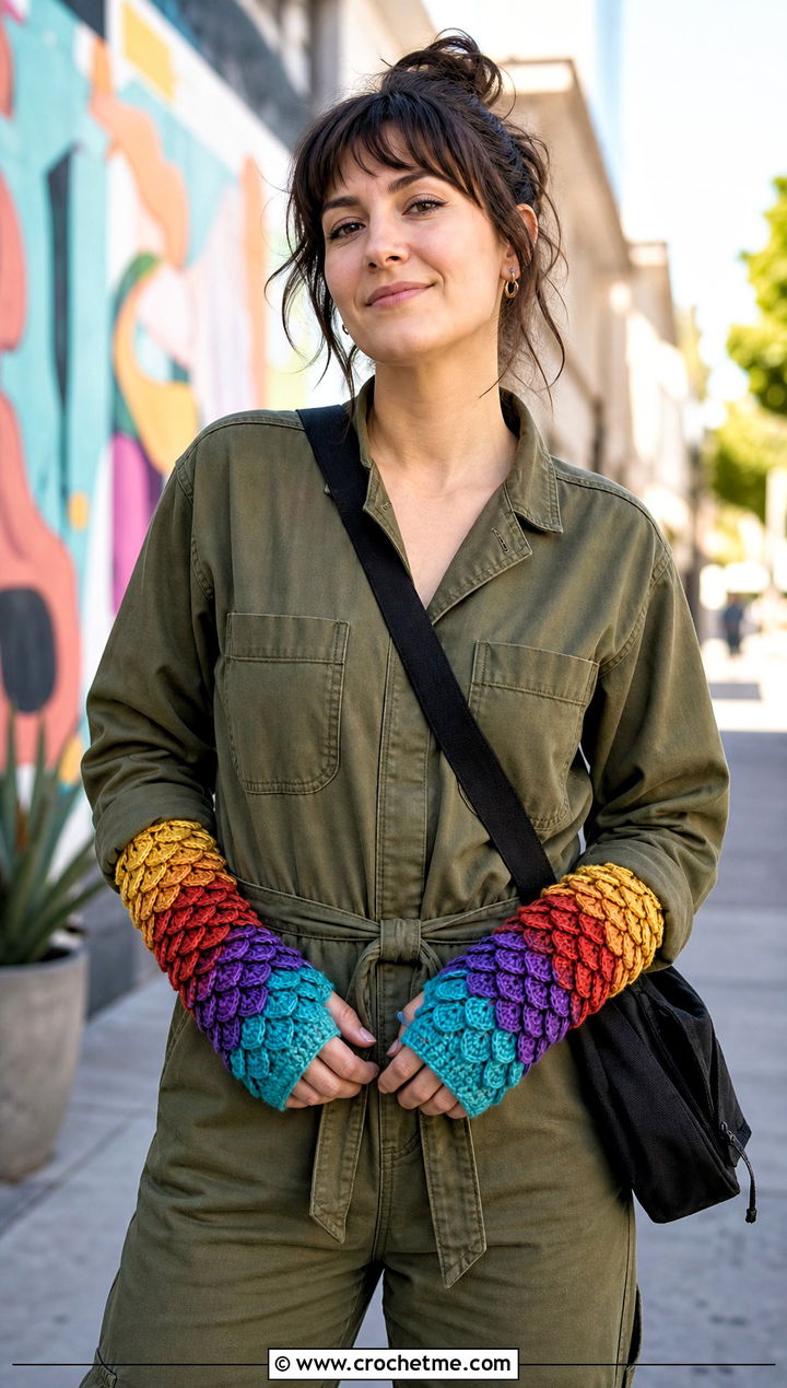 Rainbow Dragonscale Gloves With Utility Jumpsuit - 15 Dragonscale Crochet Gloves outfit ideas