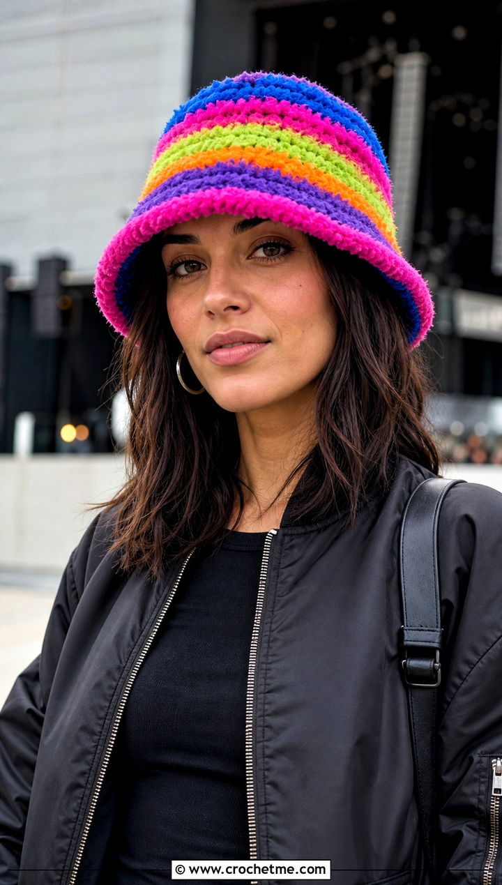 Rainbow Fuzzy Crochet Bucket Hat With All Black Outfit - 25 fuzzy crochet bucket hat outfit ideas