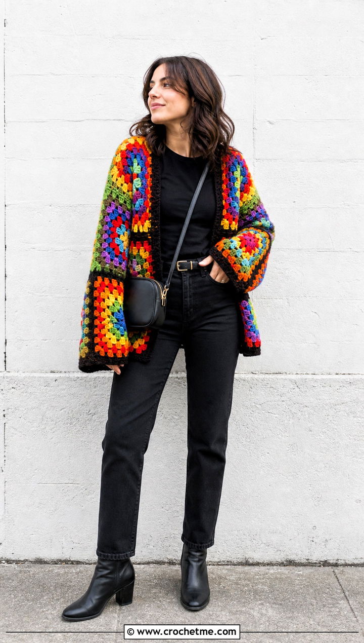 Rainbow Giant Granny Square Cardigan With Black Denim - 35 giant granny square cardigan outfit ideas