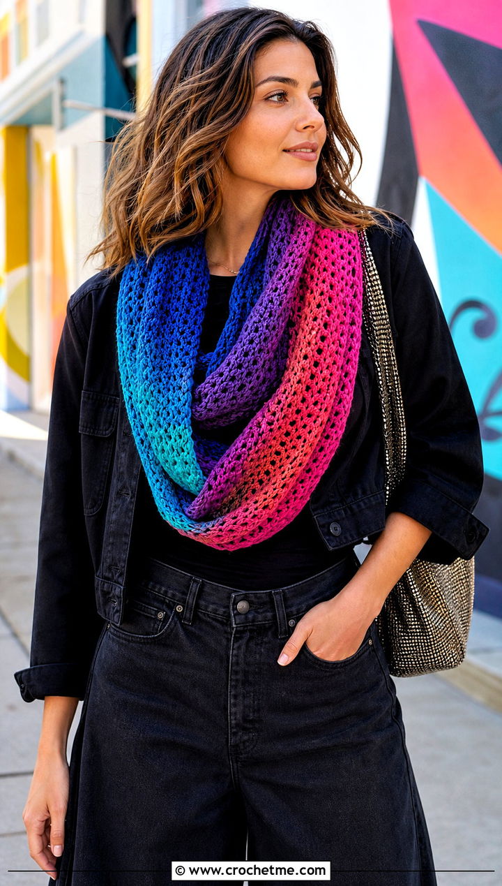 Rainbow Gradient Crochet Infinity Scarf With Black Basics - 25 infinite crochet scarf outfit ideas