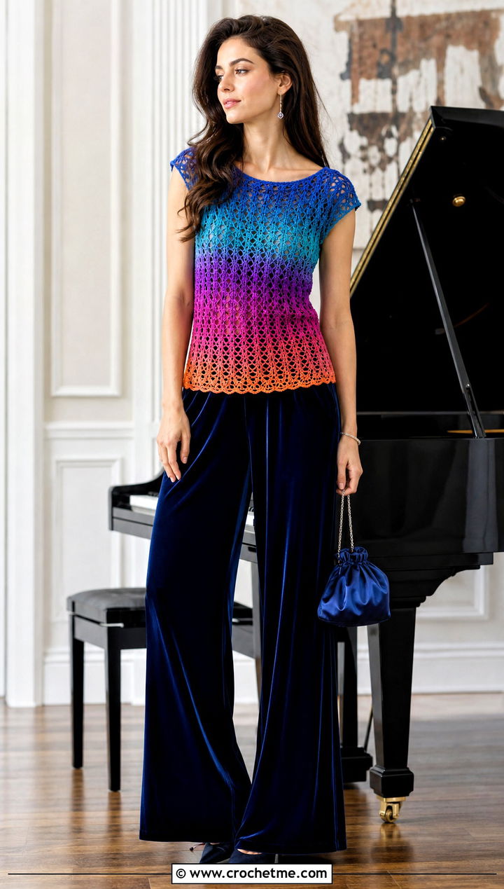 Rainbow Gradient Crochet Top With Velvet Trousers - 25 rainbow crochet top outfit ideas