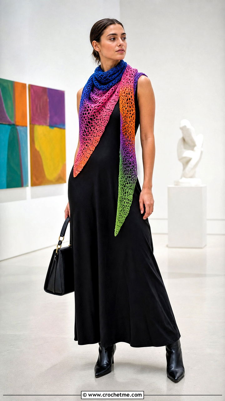 Rainbow Gradient Crochet Triangle Scarf With Black Maxi Dress - 35 crochet triangle scarf outfit ideas