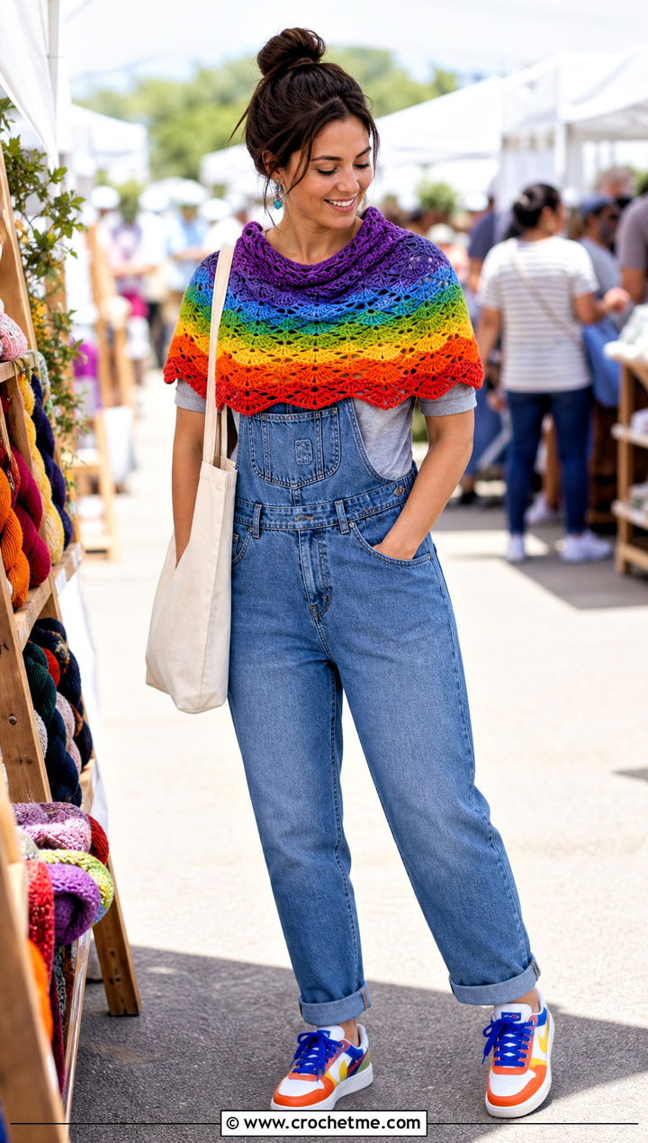 Rainbow Gradient Lost Souls Shawl With Denim Overalls - 35 crochet lost souls shawl outfit ideas