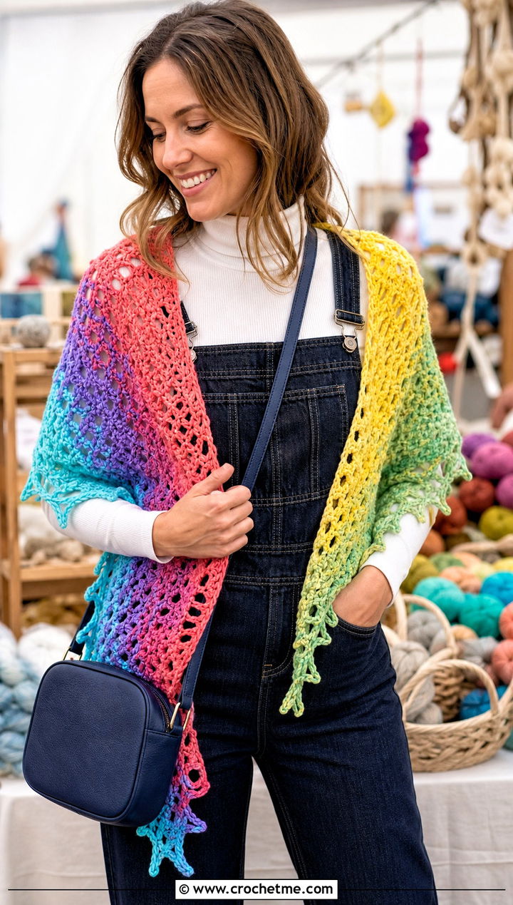 Rainbow Gradient Virus Shawl With Overalls - 35 crochet virus shawl outfit ideas