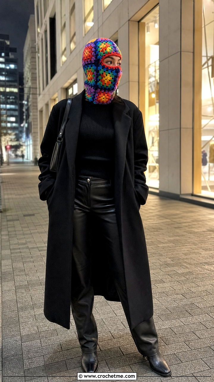 Rainbow Granny Square Balaclava With Black Coat - 35 granny square balaclava outfit ideas