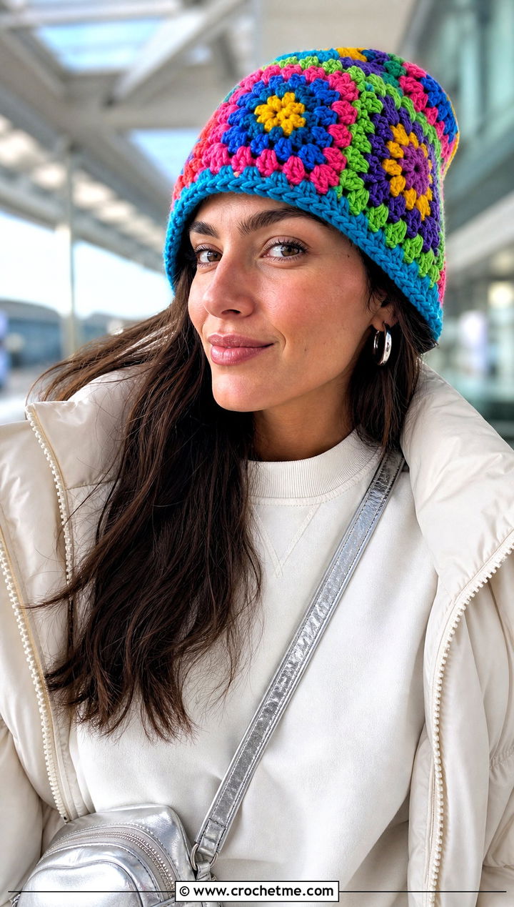 Rainbow Granny Square Beanie With Monochrome Outfit - 30 granny square beanie outfit ideas