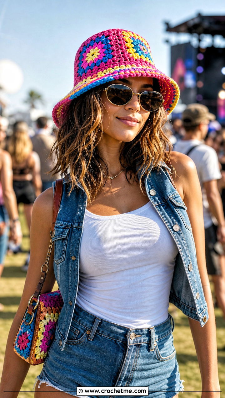 Rainbow Granny Square Bucket Hat With Denim Vest And Shorts - 25 granny crochet bucket hat outfit ideas