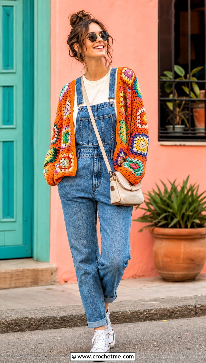 Rainbow Granny Square Cardigan With Denim Overalls - 30 granny squares cardigan outfit ideas