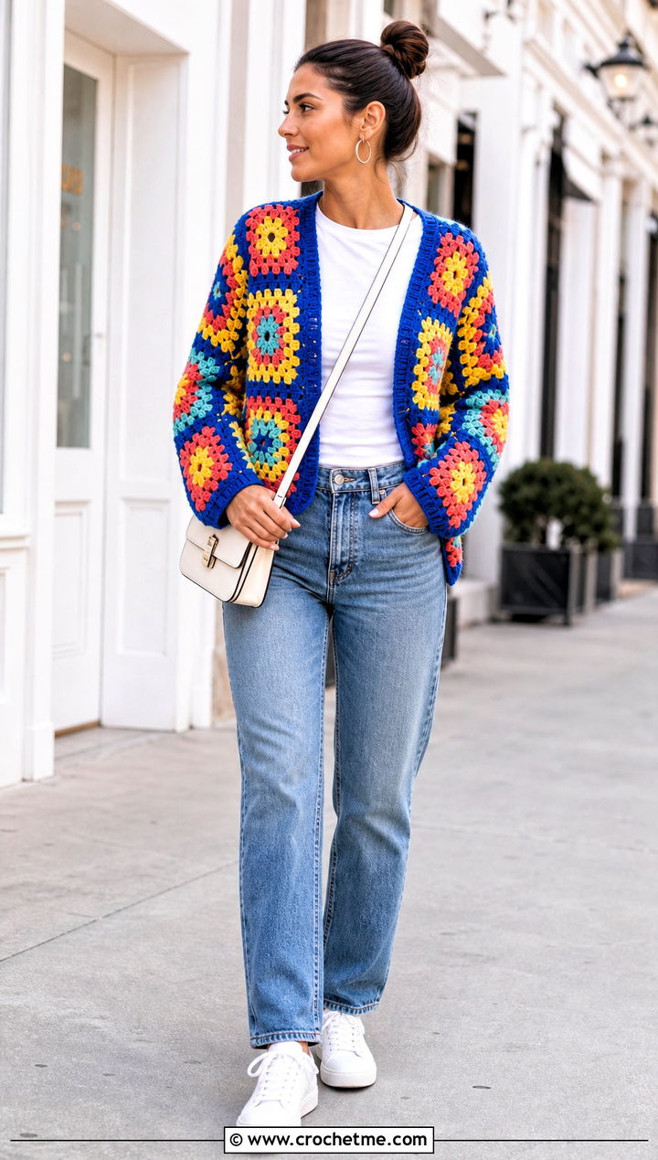 Rainbow Granny Square Cardigan With Straight Leg Jeans - 25 Rainbow Crochet Cardigan outfit ideas