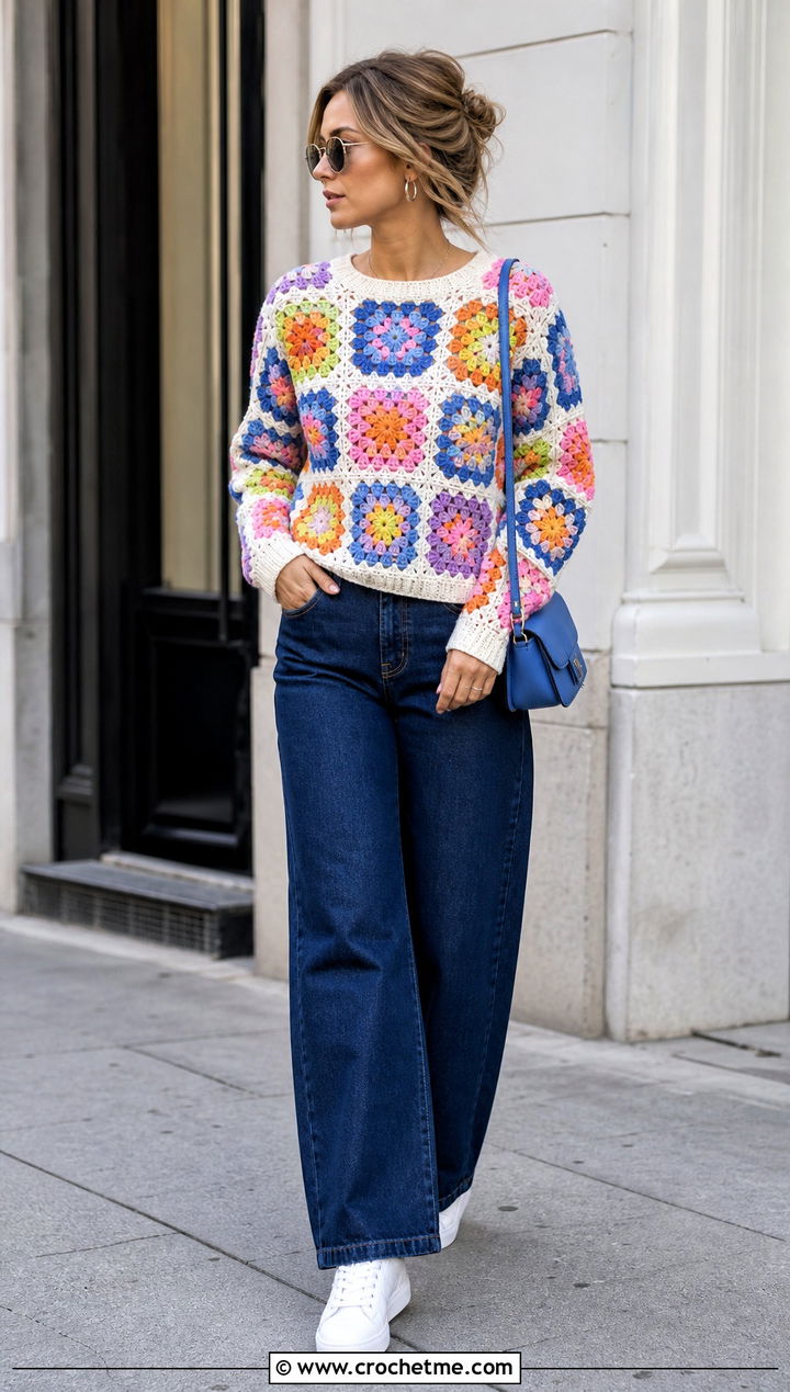 Rainbow Granny Square Crochet Sweater With Wide Leg Jeans - 15 bright rainbow crochet sweater outfit ideas