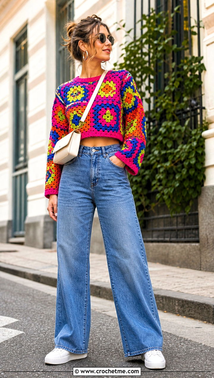 Rainbow Granny Square Crochet Sweater With Wide Leg Jeans - 25 Colorful Crochet Sweater Ideas