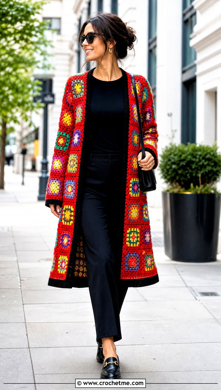 Rainbow Granny Square Duster With All Black Outfit - 35 granny square duster outfit ideas