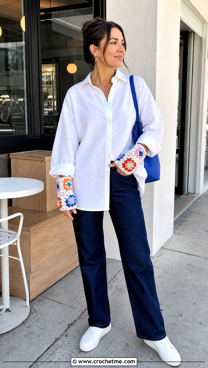 Rainbow Granny Square Fingerless Gloves With White Shirt And Jeans - 35 granny square fingerless gloves outfit ideas