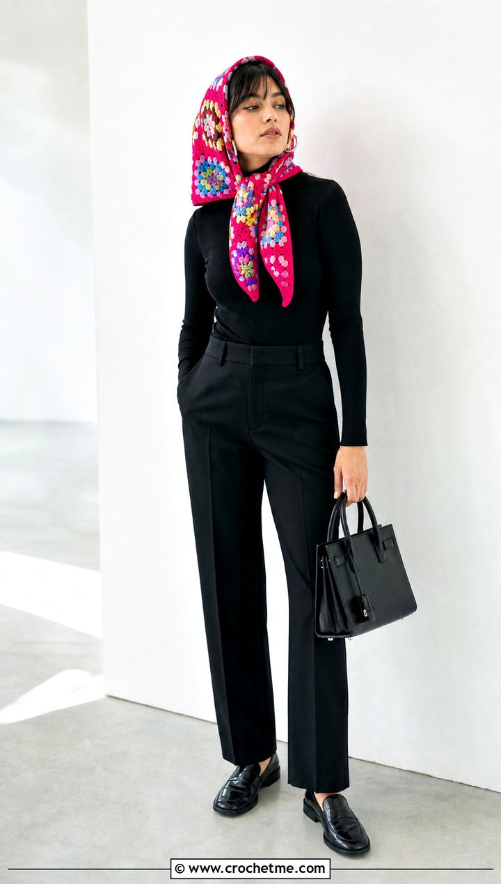 Rainbow Granny Square Head Scarf With Monochrome Black Outfit - 35 granny square head scarf outfit ideas