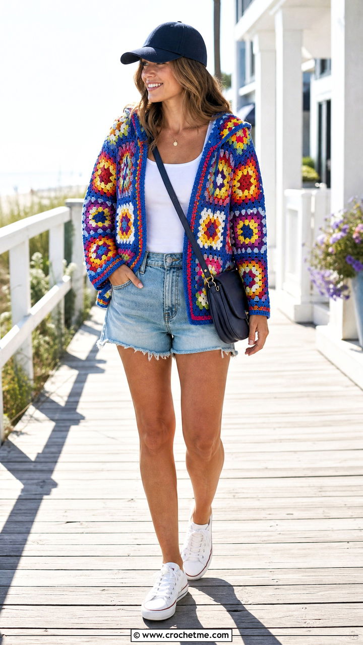 Rainbow Granny Square Hoodie With Denim Shorts - 35 granny square hoodie outfit ideas