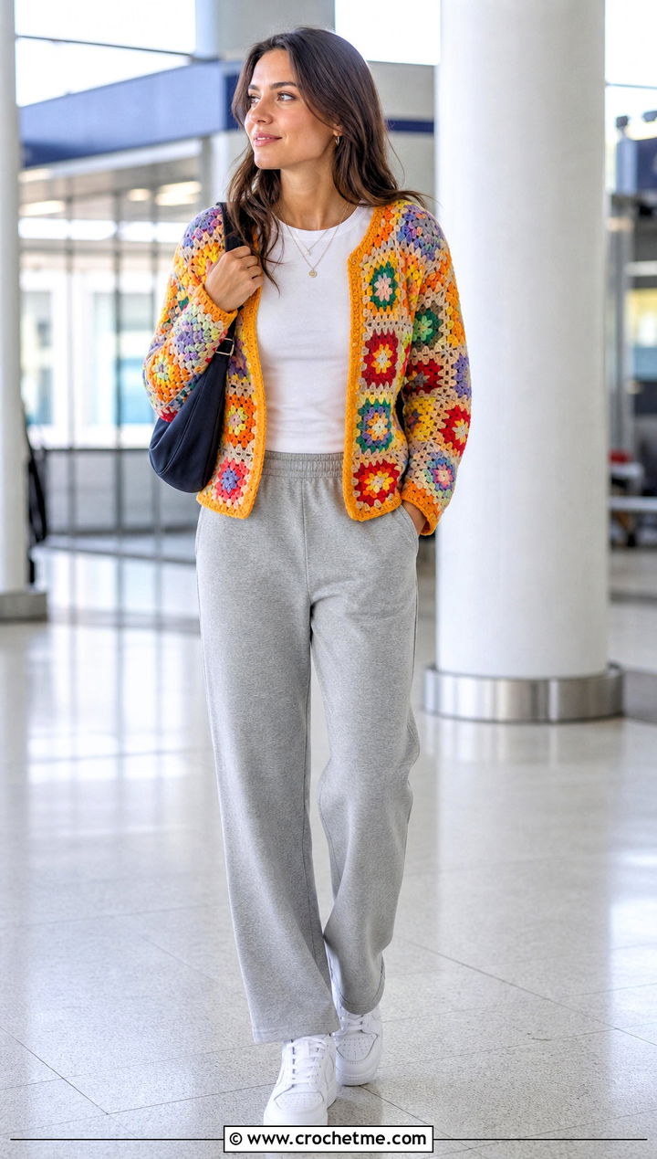 Rainbow Granny Square Jacket With Gray Sweatpants - 30 crochet granny square jacket outfit ideas