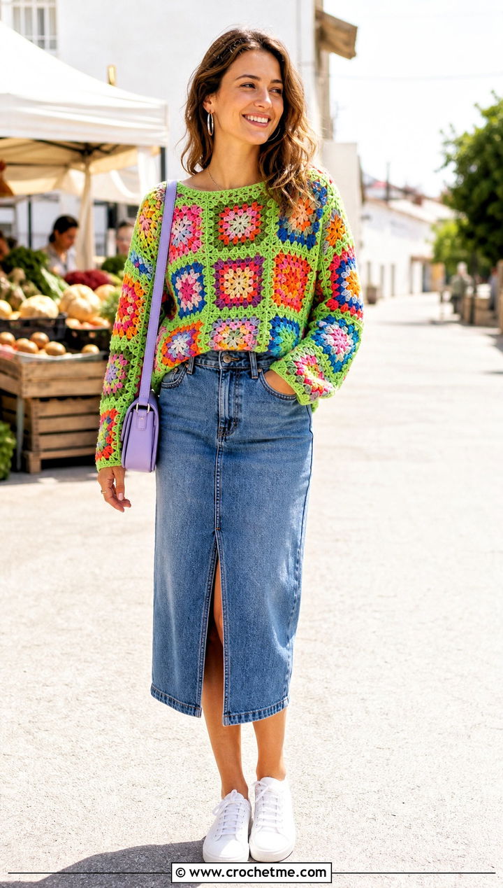 Rainbow Granny Square Jumper With Denim Midi Skirt - 30 crochet square jumper outfit ideas