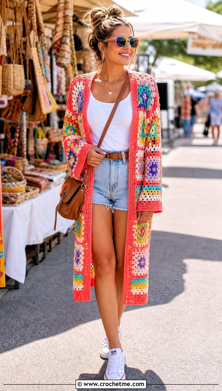 Rainbow Granny Square Long Cardigan With Denim Shorts - 25 crochet granny square long cardigan outfit ideas