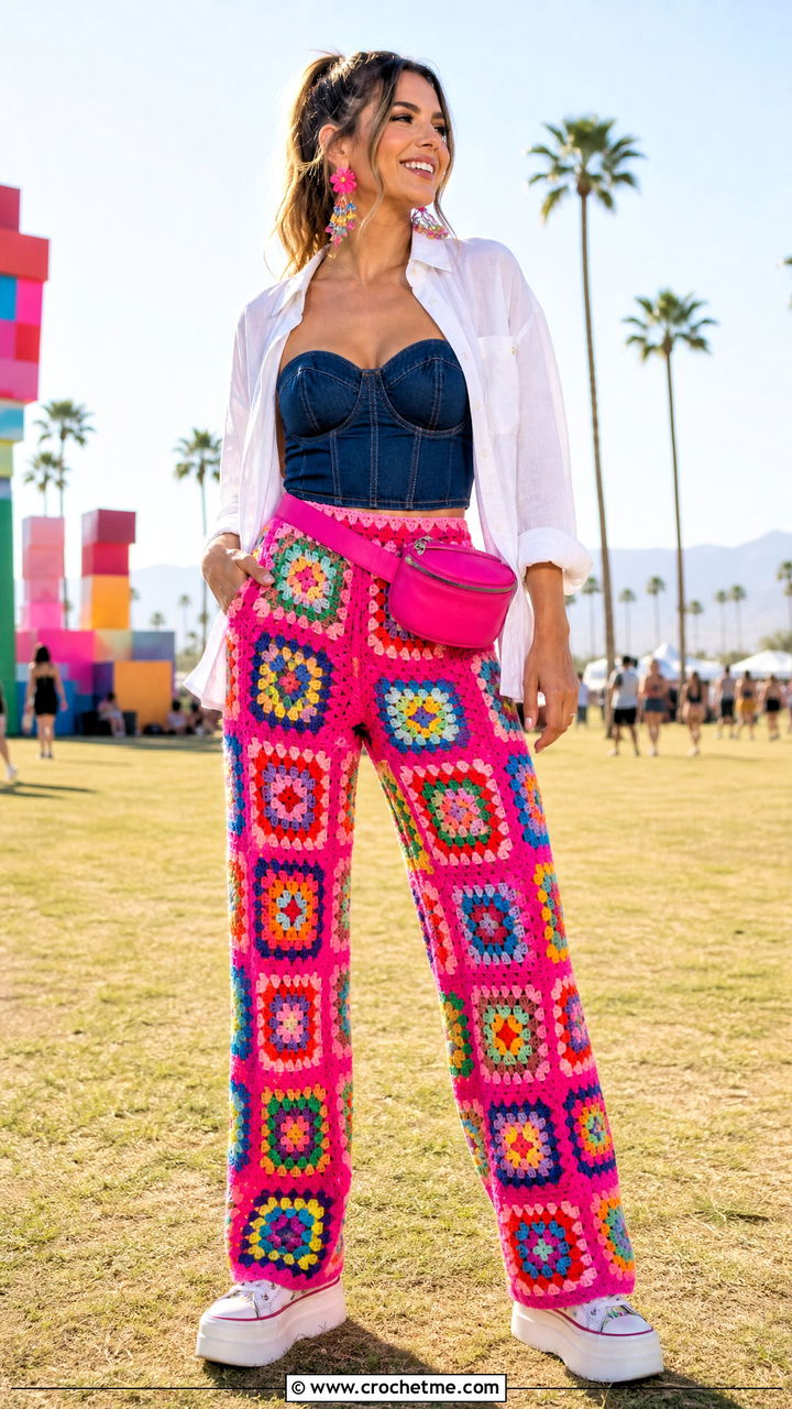 Rainbow Granny Square Pants With Denim Bustier - 35 granny square pants outfit ideas