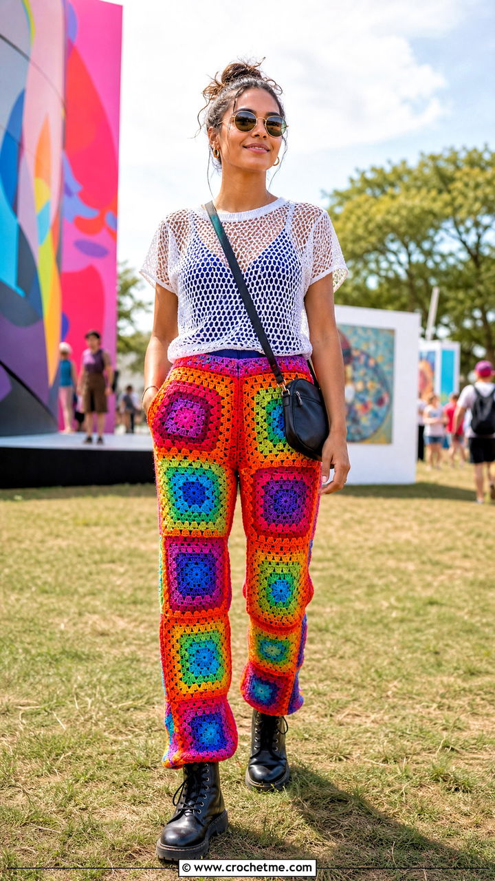Rainbow Granny Square Pants With Mesh T Shirt And Combat Boots - 35 crochet granny square pants outfit ideas