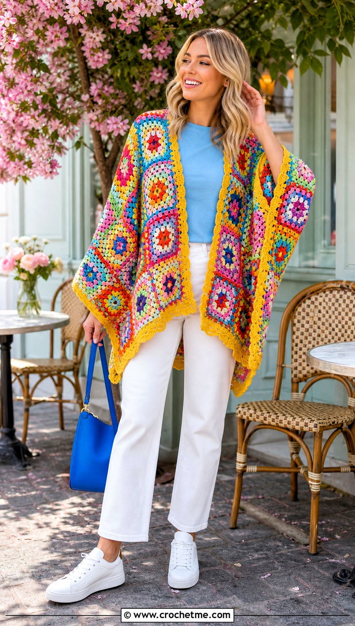 Rainbow Granny Square Poncho With White Denim - 25 Granny Squares Poncho outfit ideas