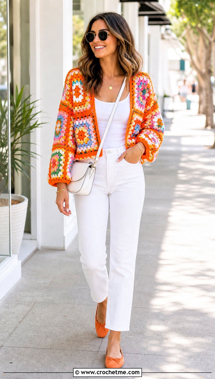 Rainbow Granny Square Pullover Sweater With White Jeans - 25 crochet granny square pullover sweater outfit ideas