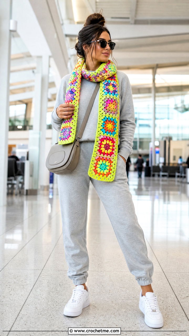 Rainbow Granny Square Scarf With Gray Sweatsuit And Sneakers - 35 granny square scarf outfit ideas