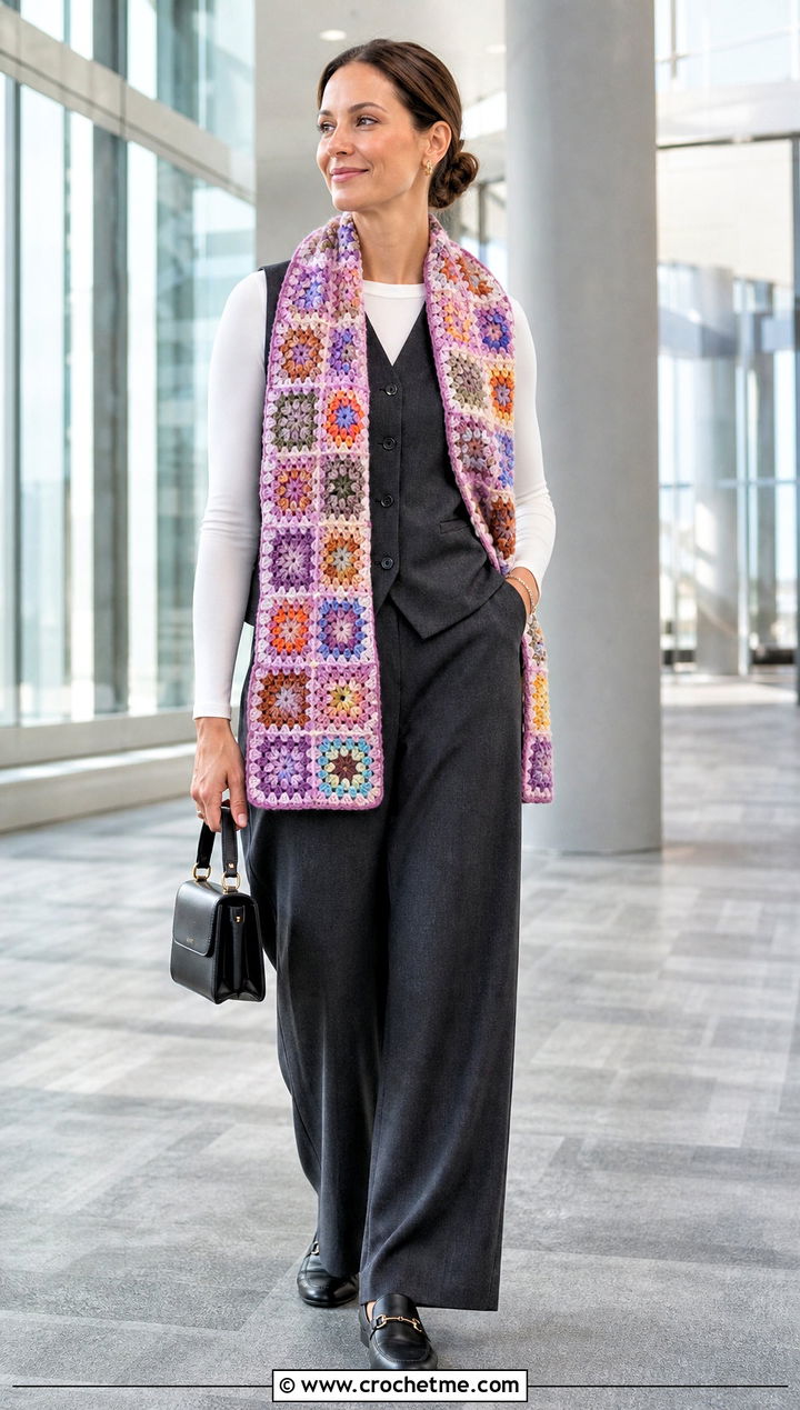 Rainbow Granny Square Scarf With Tailored Vest And Matching Pants - 35 granny square crochet scarf outfit ideas