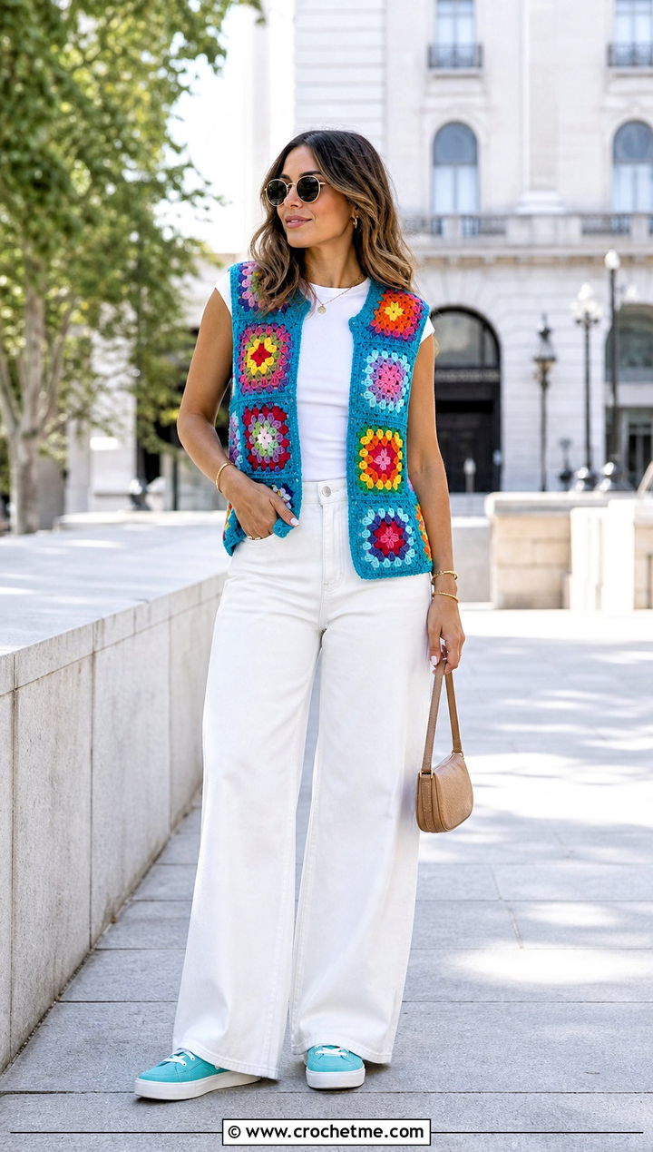 Rainbow Granny Square Sleeveless Cardigan With White Jeans - 30 granny square sleeveless cardigan outfit ideas