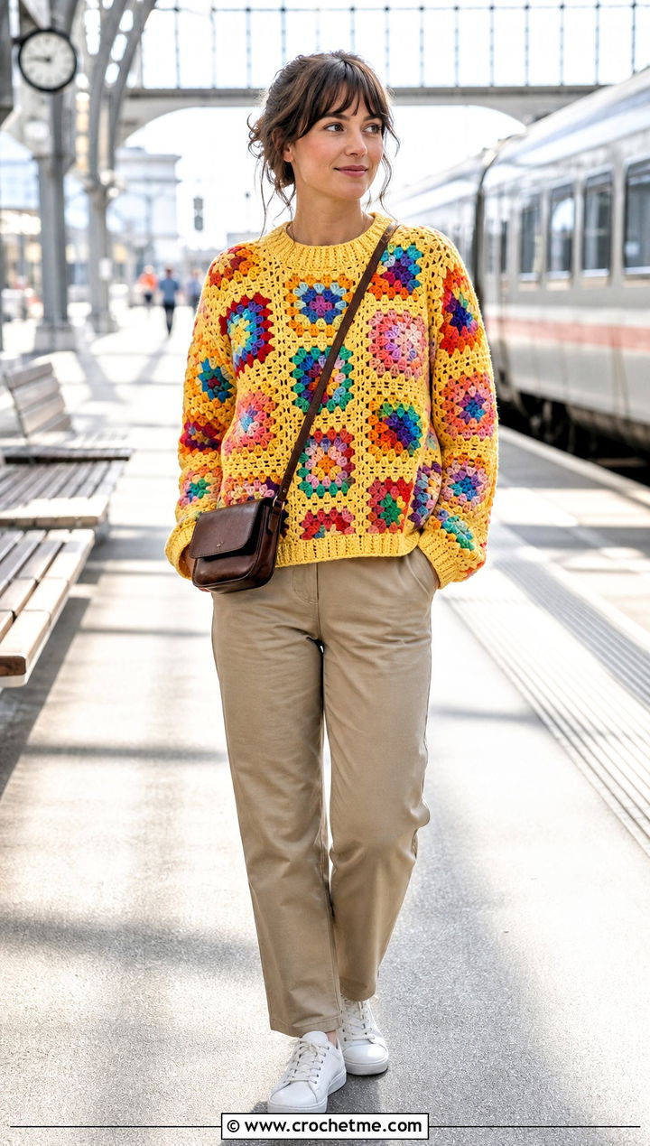 Rainbow Granny Square Stitch Sweater With Khaki Pants - 25 granny square stitch sweater outfit ideas