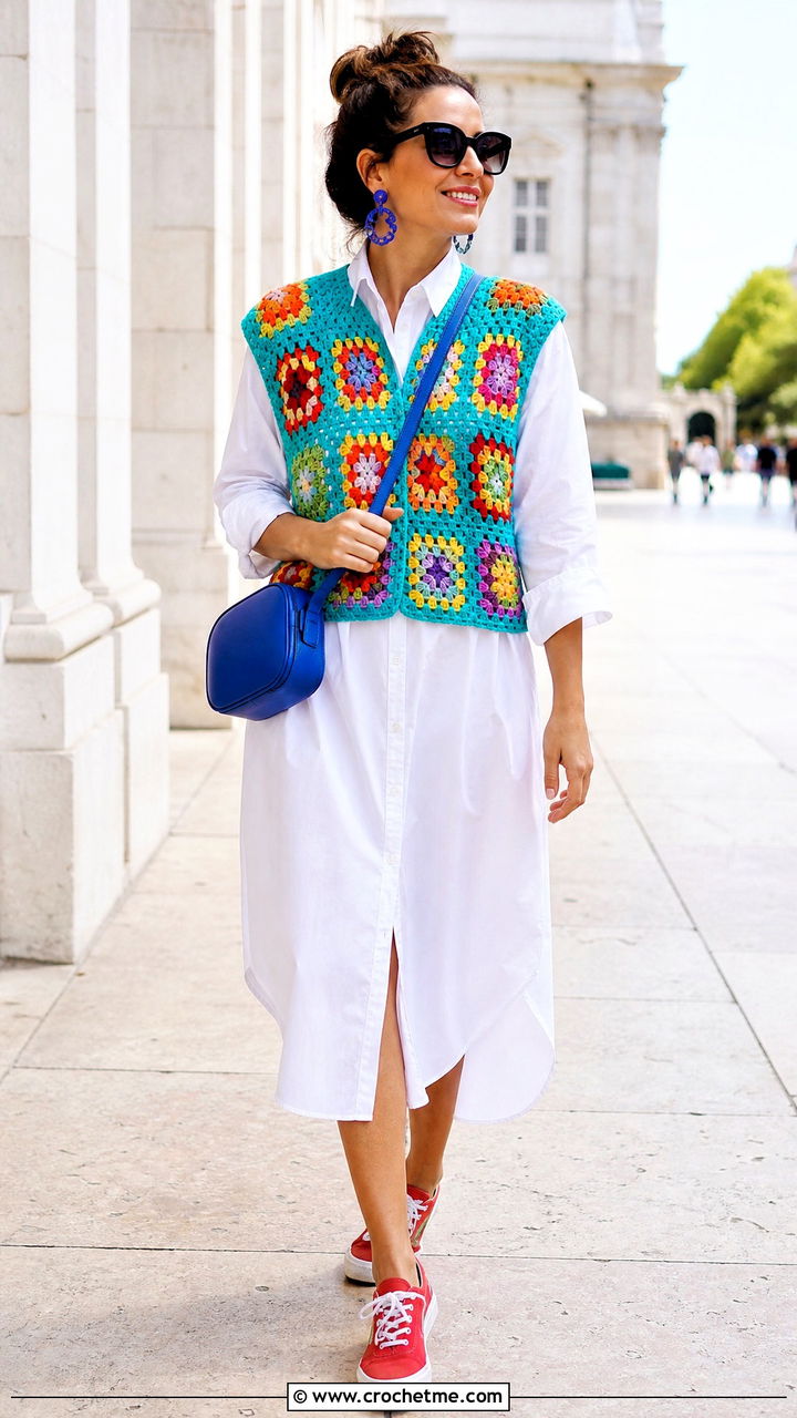 Rainbow Granny Square Sweater Vest With Shirt Dress - 35 granny square sweater vest outfit ideas