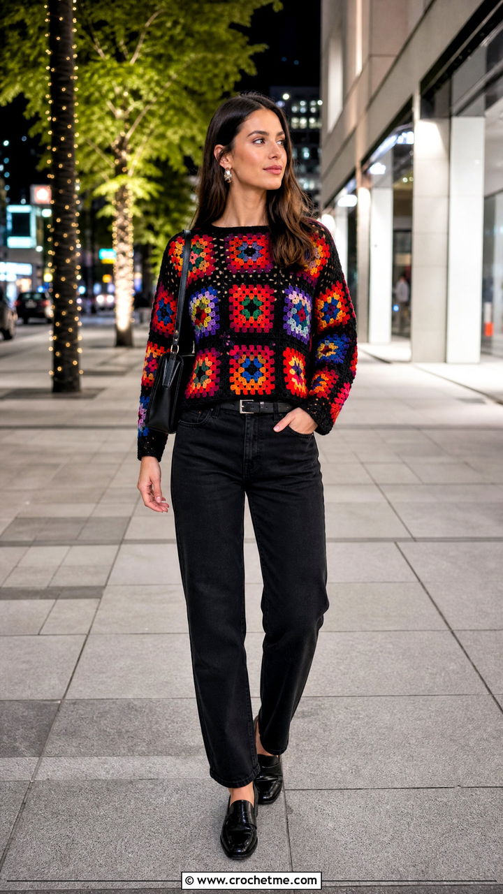 Rainbow Granny Square Sweater With Black Jeans - 35 4 Granny Square Sweater outfit ideas