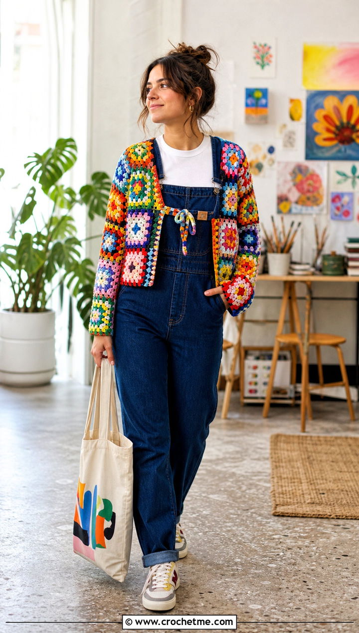 Rainbow Granny Square Tie Cardigan With Denim Overalls - 25 Granny Square Tie Cardigan outfit ideas