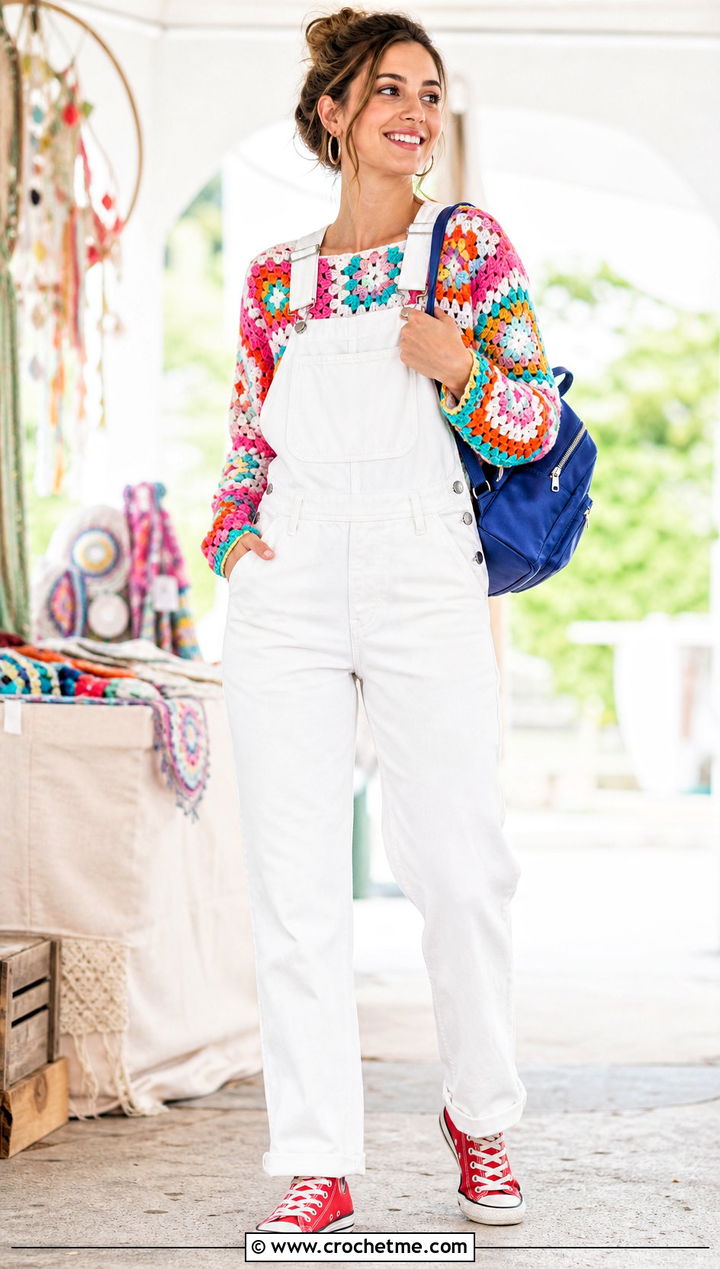 Rainbow Granny Square Top With White Overalls - 35 granny squares top outfit ideas